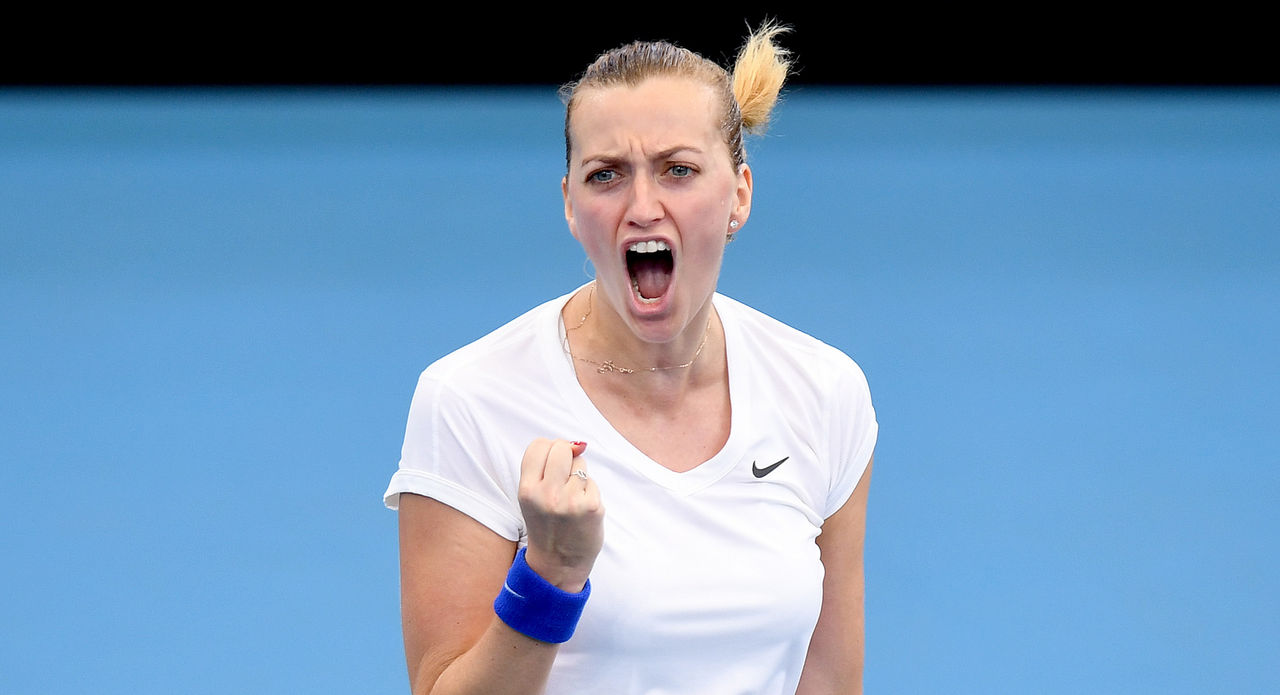 BRISBANE, AUSTRALIA - JANUARY 10: Petra Kvitova of The Czech Republic celebrates after winning the first set in her match against Jennifer Brady of the USA during day five of the 2020 Brisbane International at Pat Rafter Arena on January 10, 2020 in Brisbane, Australia. (Photo by Bradley Kanaris/Getty Images)
