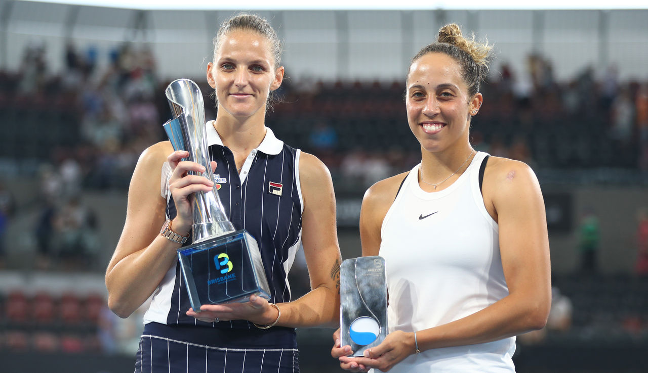 BRISBANE, AUSTRALIA - JANUARY 12: Karolina Pliskova of The Czech Republic holds the winners trophy after the finals match against Madison Keys of the USA during day seven of the 2020 Brisbane International at Pat Rafter Arena on January 12, 2020 in Brisbane, Australia. (Photo by Chris Hyde/Getty Images)