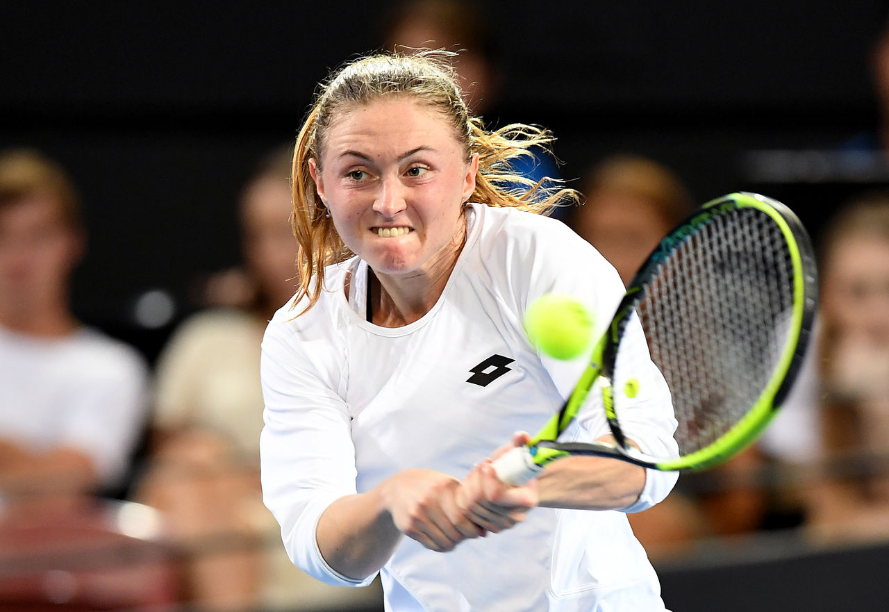 BRISBANE, AUSTRALIA - JANUARY 02: Aliaksandra Sasnovich of Bulgaria  plays a backhand in her match against Elina Svitolina of Ukraine during day four of the 2019 Brisbane International at Pat Rafter Arena on January 02, 2019 in Brisbane, Australia. (Photo by Bradley Kanaris/Getty Images)
