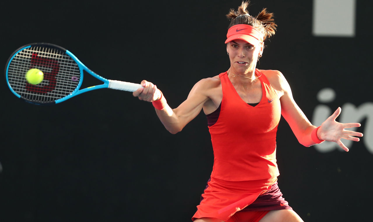 BRISBANE, AUSTRALIA - JANUARY 02: Ajla Tomljanovic of Australia looks plays a forehand in her match against Johanna Konta of Great Britain during day four of the 2019 Brisbane International at Pat Rafter Arena on January 02, 2019 in Brisbane, Australia. (Photo by Chris Hyde/Getty Images)