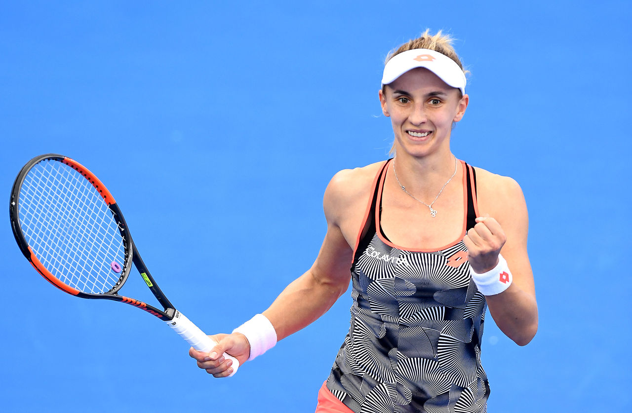 BRISBANE, AUSTRALIA - JANUARY 05: Lesia Tsurenko of Ukraine celebrates after winning the match against Naomi Osaka of Japan during day seven of the 2019 Brisbane International at Pat Rafter Arena on January 05, 2019 in Brisbane, Australia. (Photo by Bradley Kanaris/Getty Images)