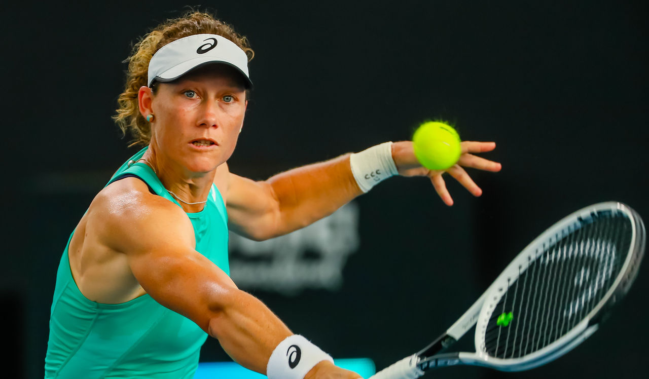 Samantha Stosur of Australia hits a return against Angelique Kerber of Germany during their women's singles match at the Brisbane International tennis tournament in Brisbane on January 6, 2020. (Photo by Patrick HAMILTON / AFP) / -- IMAGE RESTRICTED TO EDITORIAL USE - STRICTLY NO COMMERCIAL USE -- (Photo by PATRICK HAMILTON/AFP /AFP via Getty Images)