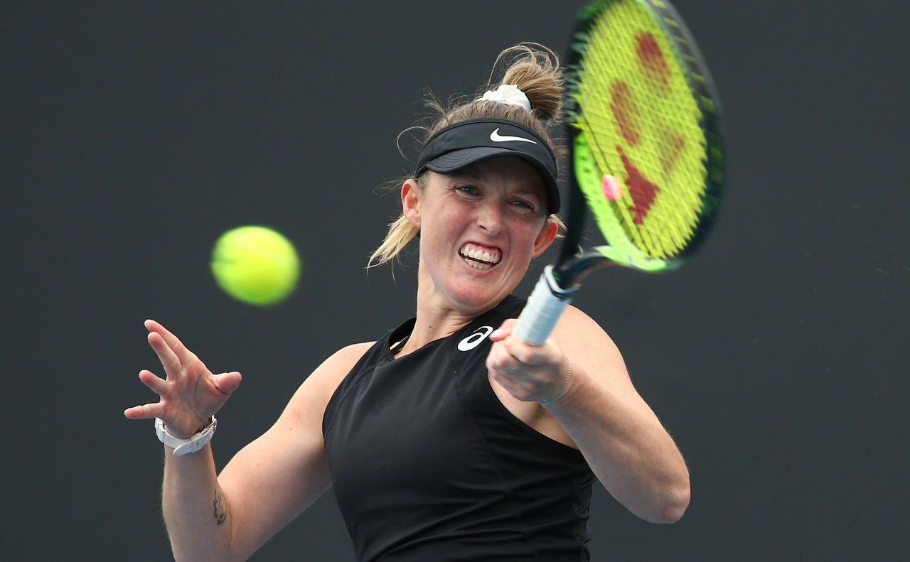 MELBOURNE, AUSTRALIA - DECEMBER 15: Storm Sanders of Western Australia plays a forehand in her Woman's Singles Final 2019 Australian Open Wildcard Play-Off match against Arina Rodionova of Victoria at Melbourne Park on December 15, 2019 in Melbourne, Australia. (Photo by Mike Owen/Getty Images for Tennis Australia)