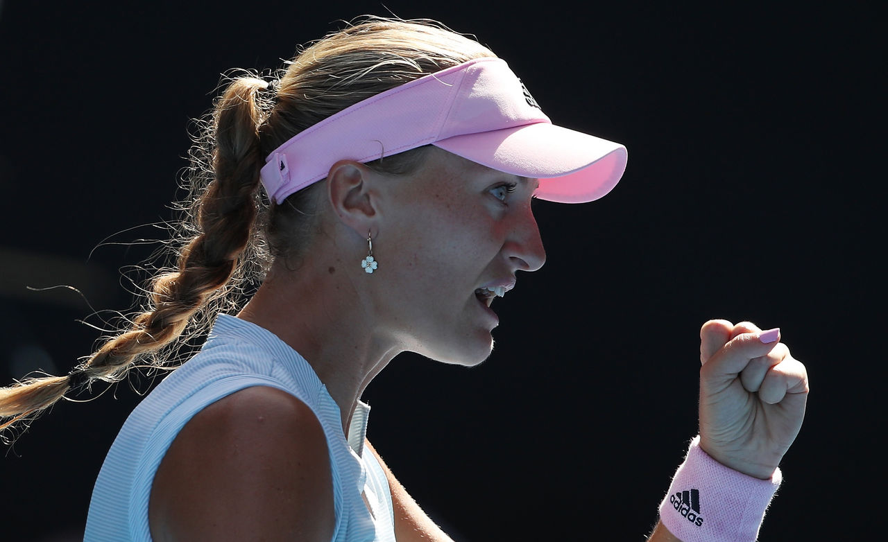 MELBOURNE, AUSTRALIA - JANUARY 25:  Kristina Mladenovic of France celebrates during her Women's Doubles Final match with Timea Babos of Hungary against Samantha Stosur of Australia and Shuai Zhang of China during day 12 of the 2019 Australian Open at Melbourne Park on January 25, 2019 in Melbourne, Australia.  (Photo by Mark Kolbe/Getty Images)