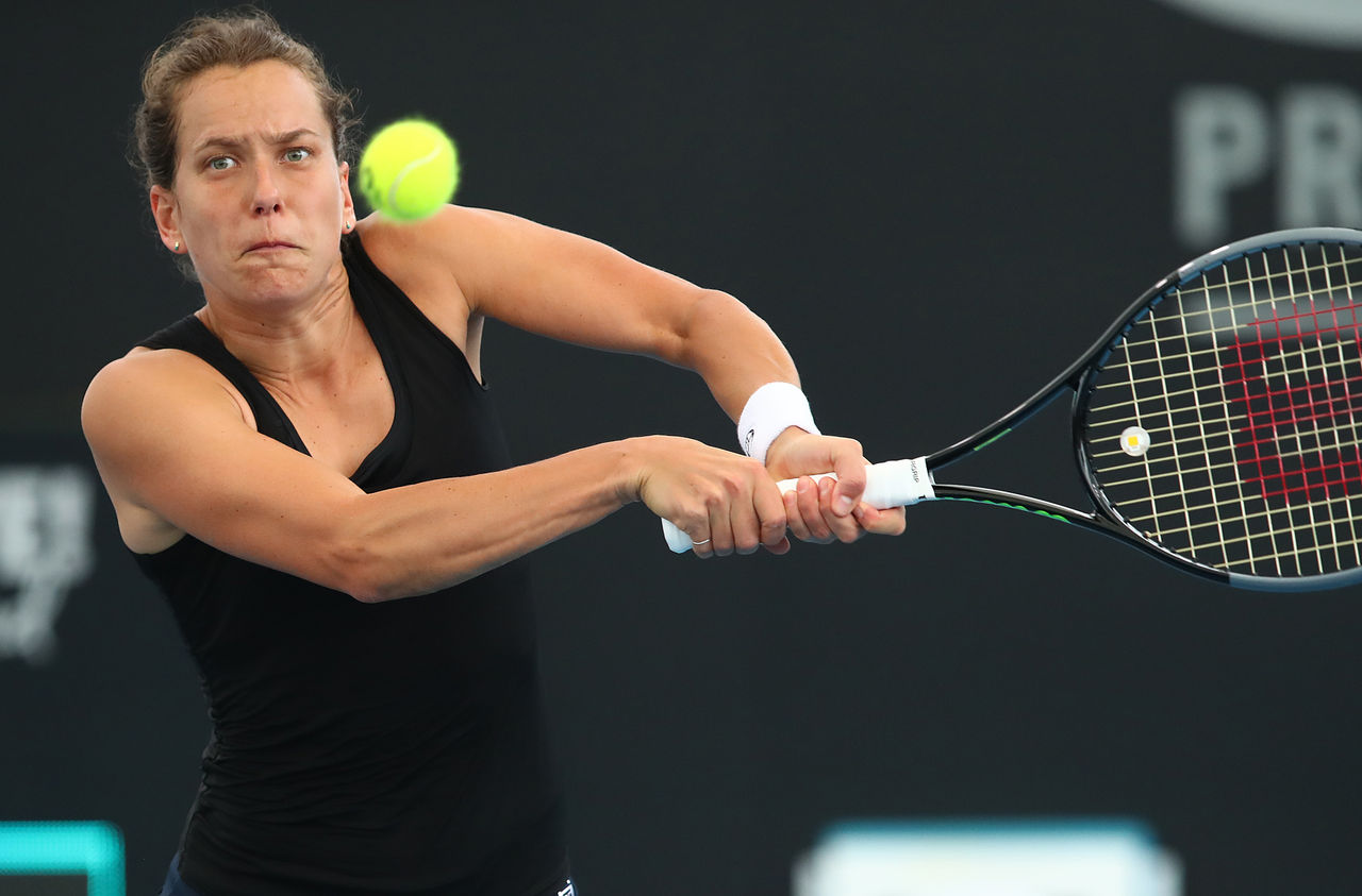 BRISBANE, AUSTRALIA - JANUARY 06: Barbora Strýcová of the Czech Republic plays a shot in her match against Johanna Konta of Great Britain during day one of the 2020 Brisbane International at Pat Rafter Arena on January 06, 2020 in Brisbane, Australia. (Photo by Chris Hyde/Getty Images)