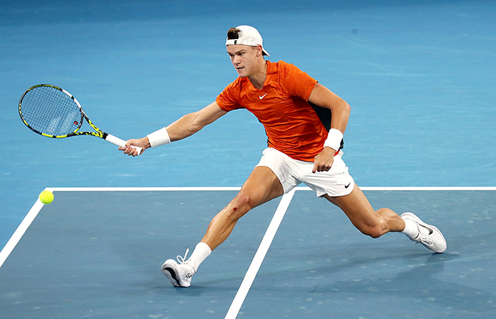 January 1:Holger Rune (DEN) plays Max Purcell (AUS) on Pat Rafter Arena during the 2024 Brisbane International, on Monday, January 1, 2023. Photo by TENNIS AUSTRALIA/ JASON O'BRIEN