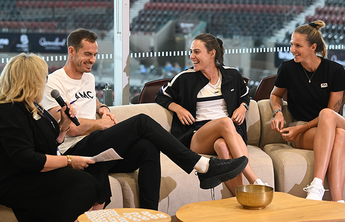 December 30: Brisbane International Draw event with players Andy Murray (GBR), Kimberly Birrell (AUS) and Karolina Pliskova (CZE) ahead of the 2024 Brisbane International, on Saturday, December 30, 2023. Photo by TENNIS AUSTRALIA/ DAN PELED