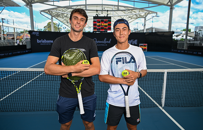 December 27: Australian players Aleksandar Vukic (left), and Rinky Hijikata during a press conference at the Queensland Tennis Centre to announce their inclusion as wildcards for the 2024 Brisbane International on Wednesday, December 27, 2023. Photo by TENNIS AUSTRALIA/DAN PELED