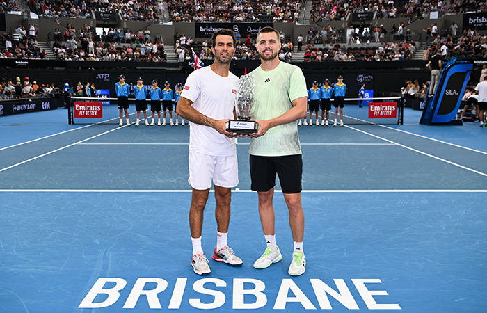 January 7: Lloyd Glasspool (GBR) and Jean-Julien Rojer (NED) defeated  Kerstin Krawietz (GER) and Tim Puetz (GER) to win the Menâ€™s Doubles Final match on Pat Rafter Arena during the 2024 Brisbane International, on Sunday, January 7, 2024. Photo by TENNIS AUSTRALIA/ DAN PELED