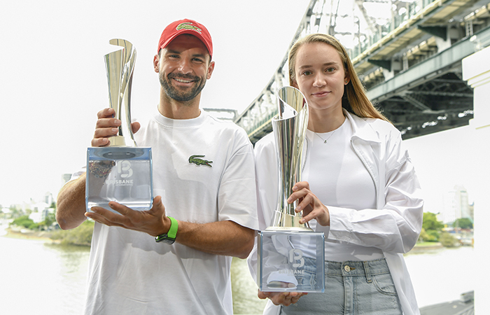 January 08: Grigor Dimitrov (BUL) and Elena Rybakina (KAZ) poses for a photograph with the Brisbane International trophy, on Monday, January 08, 2024. Photo by TENNIS AUSTRALIA/ SCOTT DAVIS