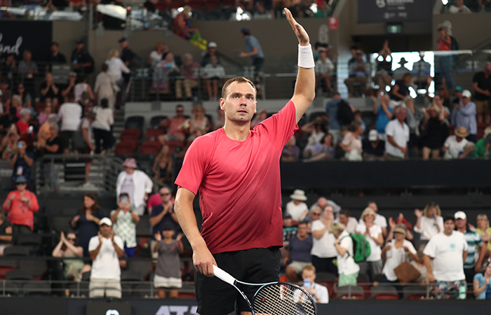 January 3:  Roman Safiullin (RUS) plays Alexei Popyrin (AUS)   on Pat Rafter Arena during the 2024 Brisbane International, on Wednesday, January 3, 2024. Photo by TENNIS AUSTRALIA/ JASON O'BRIEN
