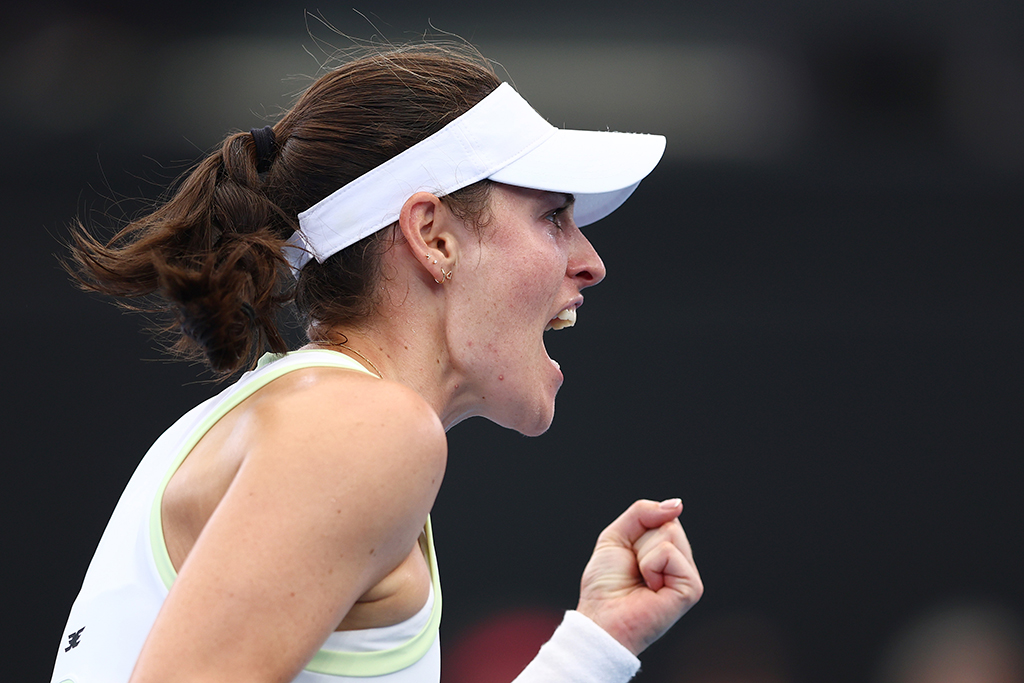 BRISBANE, AUSTRALIA - JANUARY 01: Kimberly Birrell of Australia celebrates a point in her match against Emma Navarro of the USA during day four of the 2025 Brisbane International at Pat Rafter Arena on January 01, 2025 in Brisbane, Australia. (Photo by Chris Hyde/Getty Images)