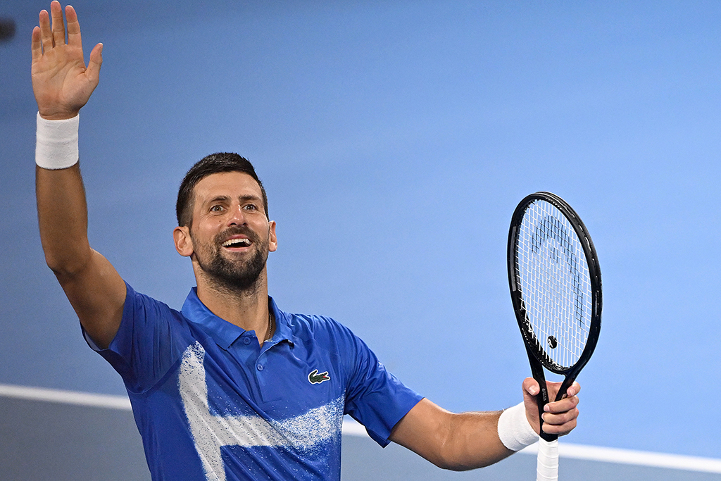 BRISBANE, AUSTRALIA - JANUARY 02: Novak Djokovic of Serbia celebrates victory after his match against Gael Monfils of France during day five of the 2025 Brisbane International at Pat Rafter Arena on January 02, 2025 in Brisbane, Australia. (Photo by Bradley Kanaris/Getty Images)