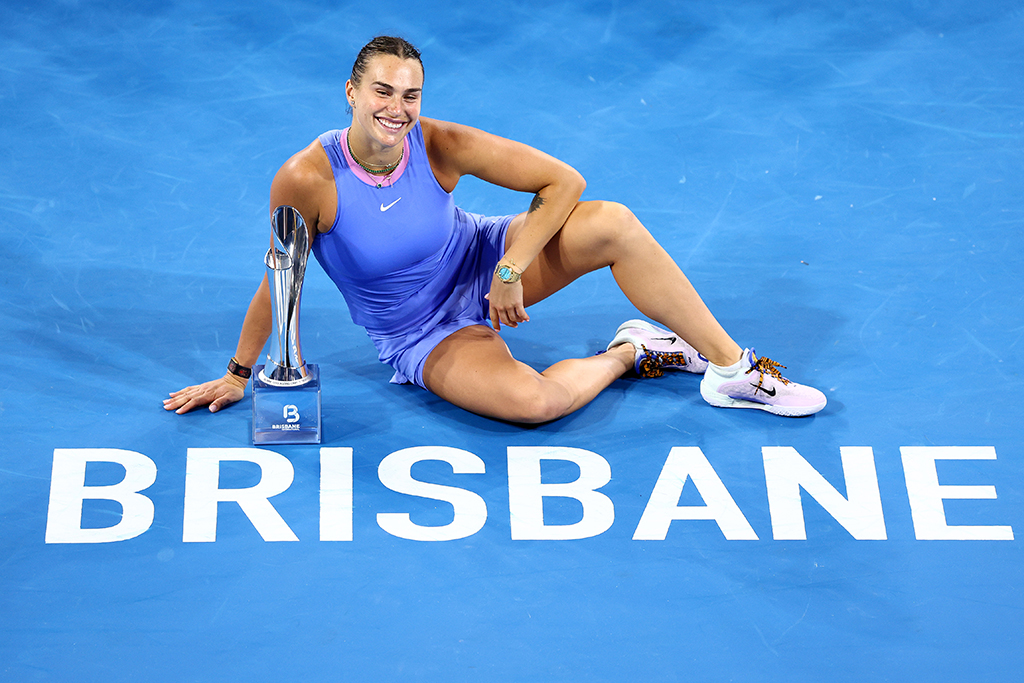 BRISBANE, AUSTRALIA - JANUARY 05: Aryna Sabalenka of Belarus poses with the winners trophy after winning the Women’s Finals match against Polina Kudermetova during day eight of the 2025 Brisbane International at Pat Rafter Arena on January 05, 2025 in Brisbane, Australia. (Photo by Chris Hyde/Getty Images)