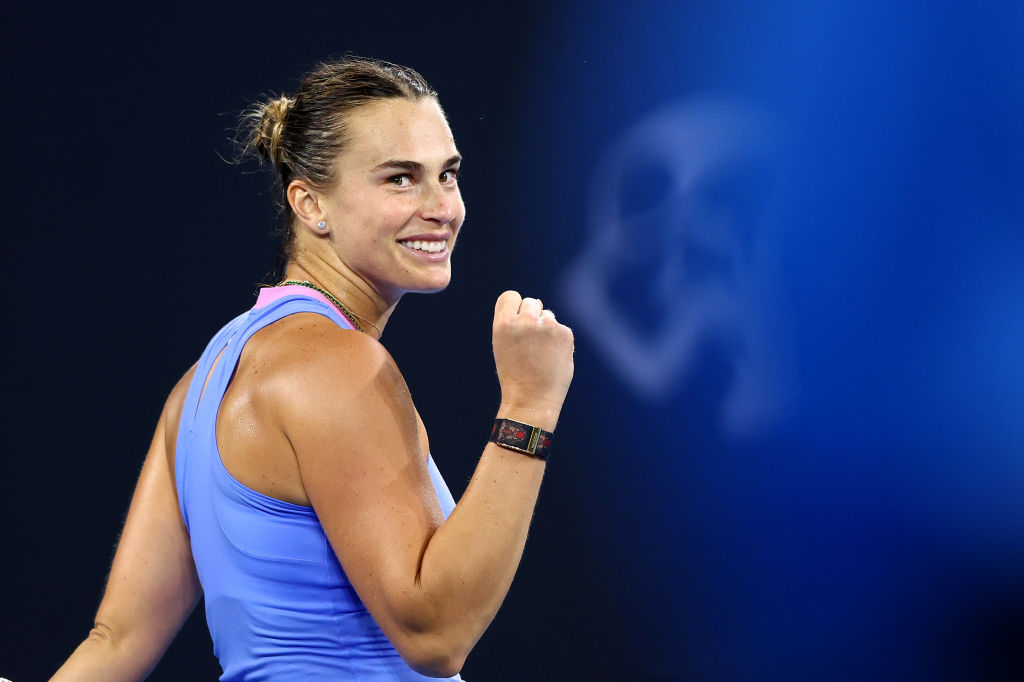 BRISBANE, AUSTRALIA - JANUARY 03: Aryna Sabalenka of Belarus celebrates a point in her Quarter-final match against Marie Bouzkova of the Czech Republic during day six of the 2025 Brisbane International at Pat Rafter Arena on January 03, 2025 in Brisbane, Australia. (Photo by Chris Hyde/Getty Images)