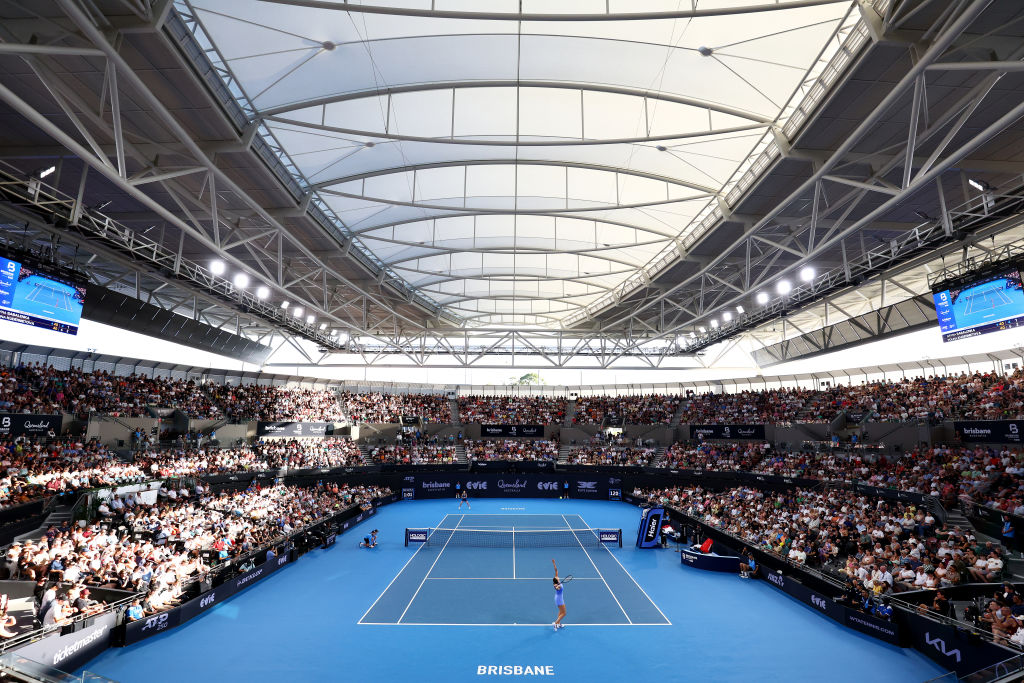 BRISBANE, AUSTRALIA - JANUARY 05: General view of the Women’s Finals match between Aryna Sabalenka of Belarus against Polina Kudermetova during day eight of the 2025 Brisbane International at Pat Rafter Arena on January 05, 2025 in Brisbane, Australia. (Photo by Chris Hyde/Getty Images)