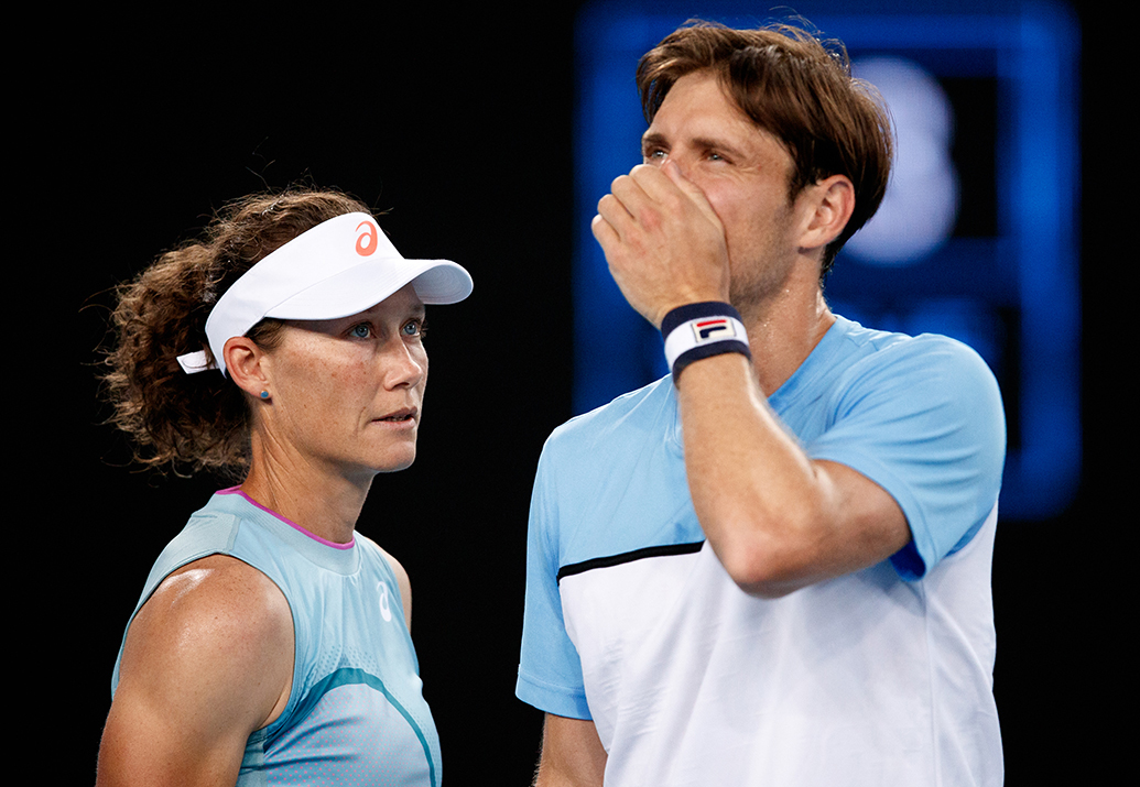 Matt EBDEN (AUS) and Samantha STOSUR (AUS) play against Luisa STEFANI (BRA) and Bruno SOARES (BRA) on Margaret Court Arena during Day 9 of the Australian Open at Melbourne Park on Tuesday, February 16, 2021. MANDATORY PHOTO CREDIT Tennis Australia/ MARK PETERSON