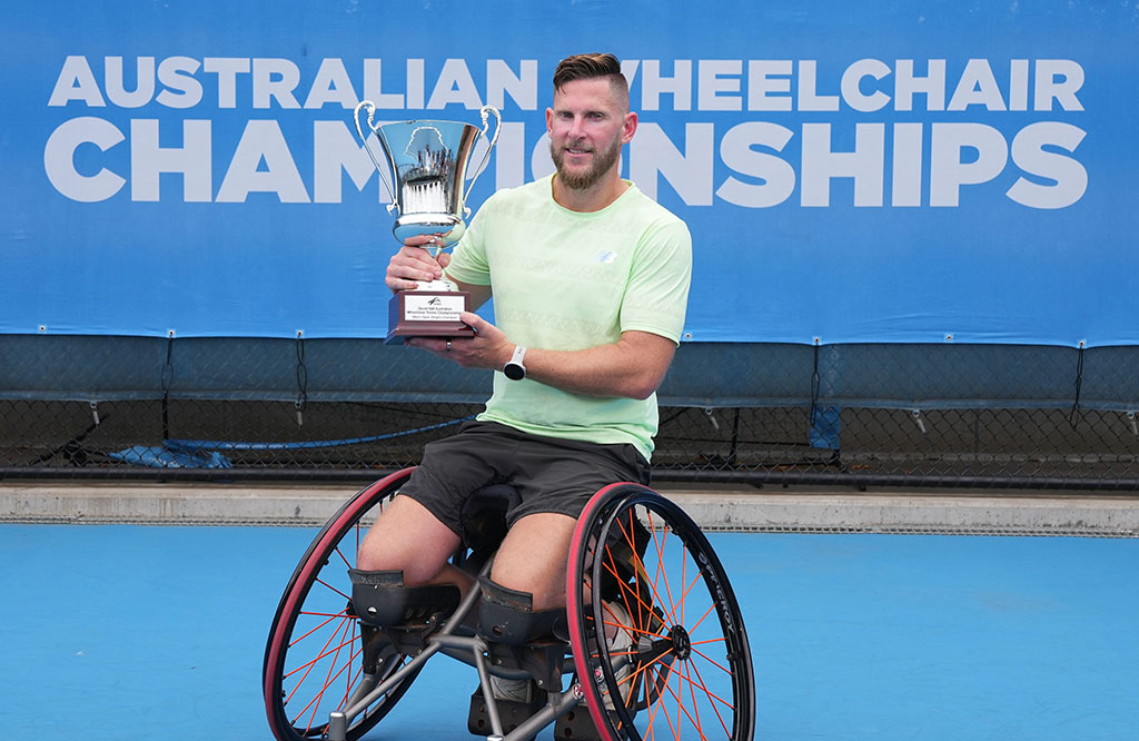 Benjamin Weekes (AUS) after winning the Open Men's Singles Final during the 2022 Australian National Wheelchair Tennis Championships at the National Tennis Centre on Sunday, November 13, 2022. Australiaâ€™s best wheelchair players competed at Melbourne Park from 11-13 November for the 2022 Australian National Wheelchair Tennis Championships. MANDATORY PHOTO CREDIT Scott Barbour/TENNIS AUSTRALIA