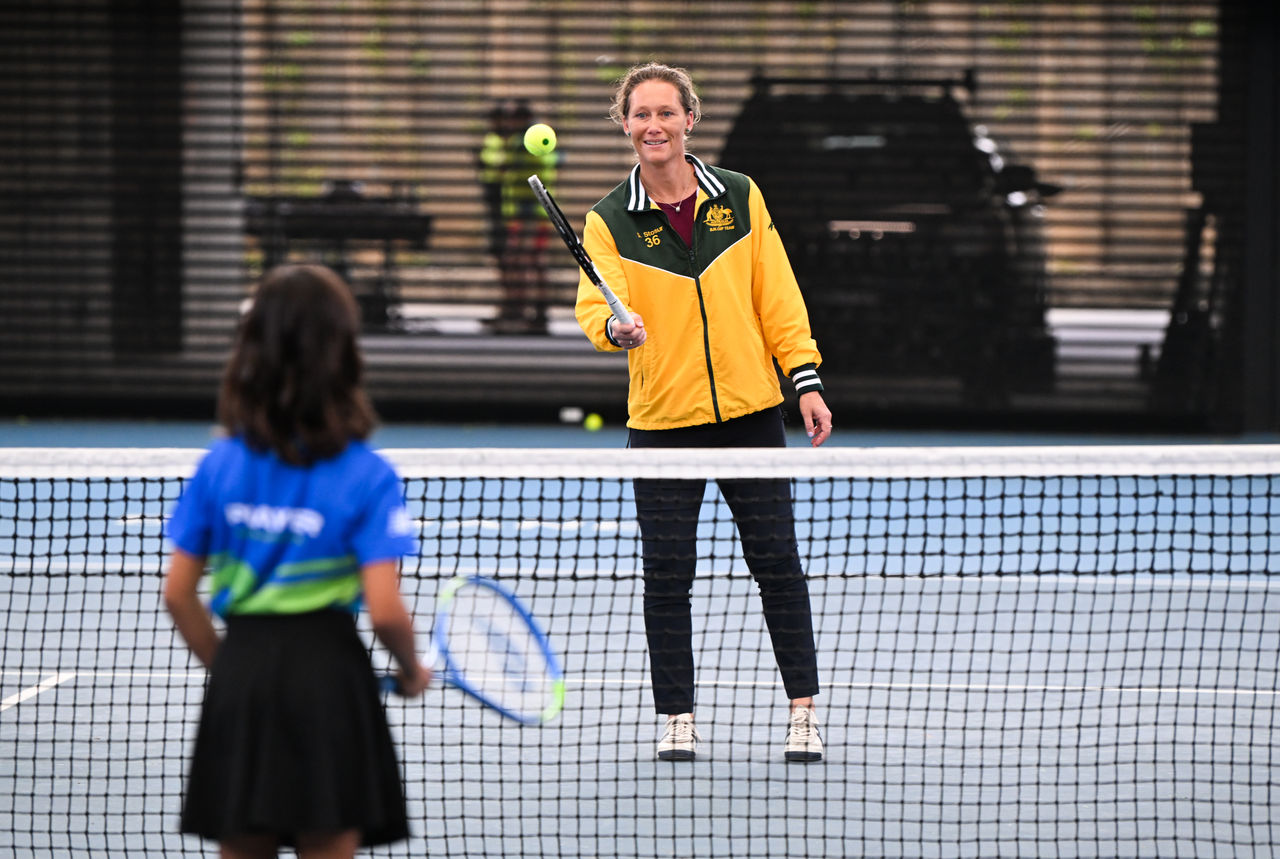 February 28: Billie Jean King Cup captain Sam Stosur and young Hot Shots Tennis players during the venue announcement for the Billy Jean King Cup at the Queensland Tennis Centre in Brisbane on Wednesday, February 28, 2024. Photo by TENNIS AUSTRALIA/ DAN PELED