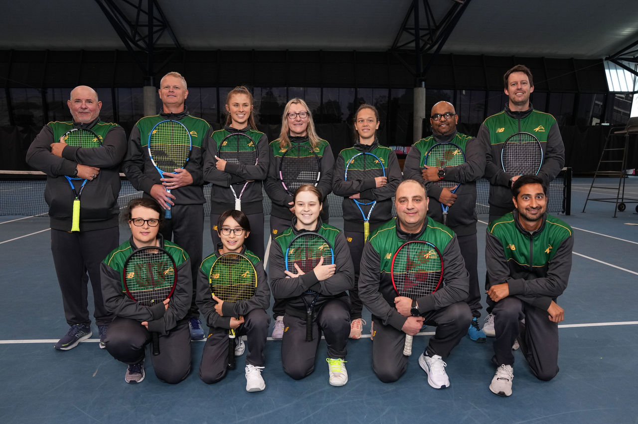 Mark Haskett, Mick Leigh, Arato Katsuda-Green, Adam Fayad, Courtney Webeck, Courtney Lewis, Grace Hobbs, Phoebe David, Summer Giddings with coaches Steve Manley, Nicholas Bradley and Jay Schuback pose for a team photo as the Australian Blind Low Vision tennis team receive their Green and Gold uniforms at the National Tennis Centre, Melbourne on Thursday, July 13, 2023. MANDATORY PHOTO CREDIT TENNIS AUSTRALIA/ SCOTT BARBOUR