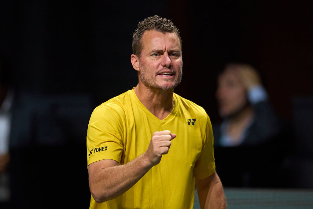 MALAGA, SPAIN - NOVEMBER 25: Lleyton Hewitt, captain of Australia reacts during the Davis Cup by Rakuten Finals 2022 Semifinal doubles match between Australia and Croatia at Palacio de los Deportes Jose Maria Martin Carpena on November 25, 2022 in Malaga, Spain. (Photo by Fran Santiago/Getty Images)