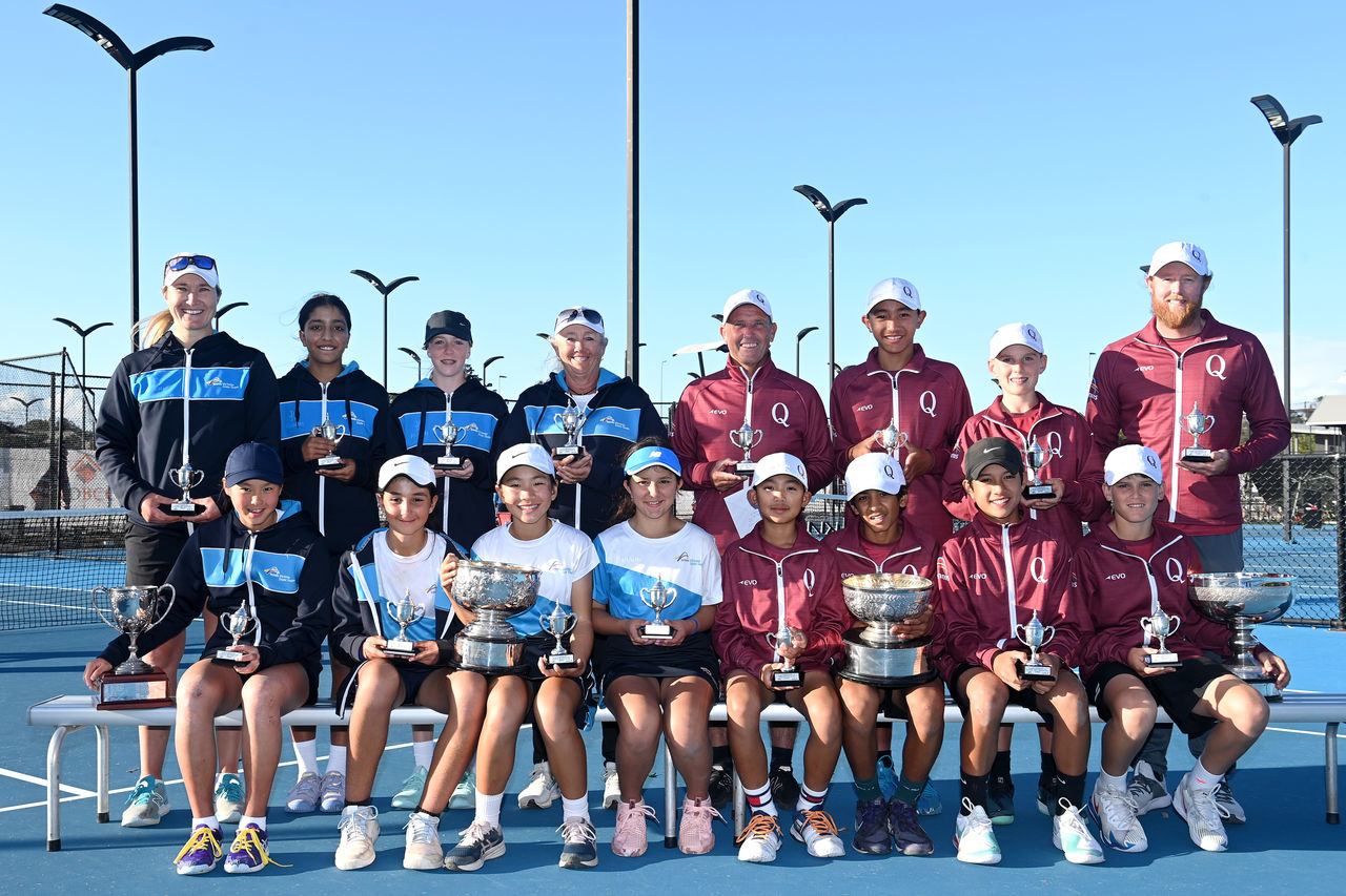 The Queensland and Victoria winning teams pose for a photo during the Australian Team Championships 2022, Under 11's and 13's event on the Gold Coast on Tuesday, June 28, 2022. MANDATORY PHOTO CREDIT Tennis Australia/ BRADLEY KANARIS