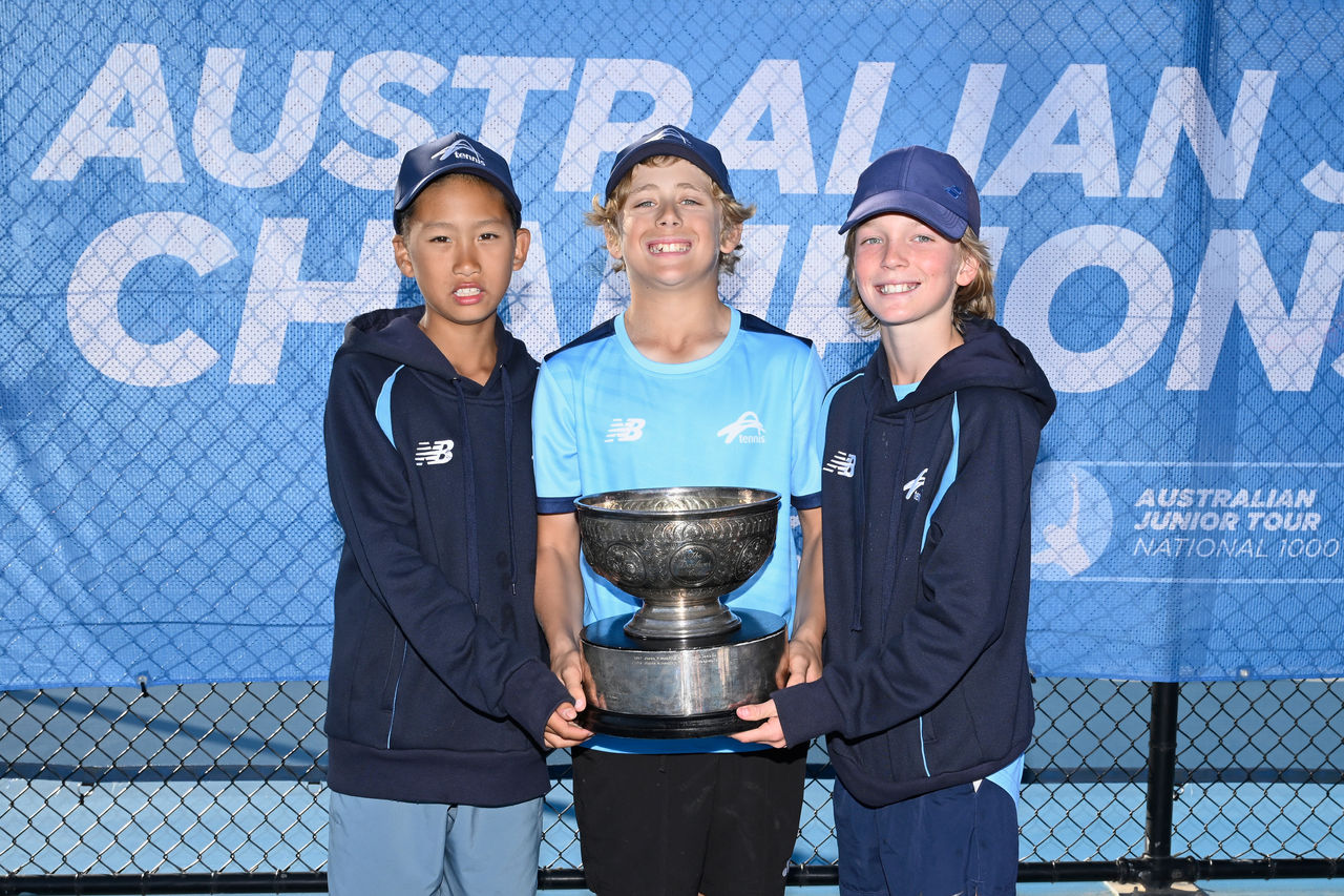 William Wang, Sebastian Lavorato and Ben Spotswood, NSW, 11/u, at the Australian Teams Championships 2023 at KDV Sport on the Gold Coast on Tuesday, June 27, 2023. MANDATORY PHOTO CREDIT Tennis Australia/ MATT ROBERTS