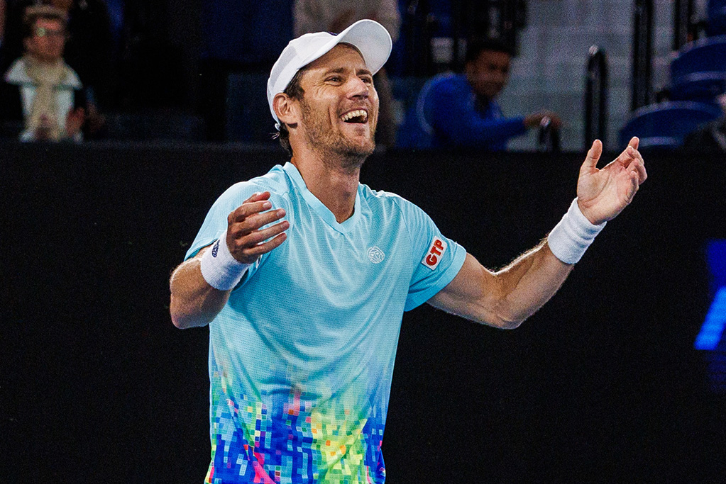 January 27: Matthew Ebden (AUS) and his doubles partner Rohan Bopanna (IND) celebrate their win in the mens doubles final at Rod Laver Arena during the 2024 Australian Open on Saturday, January 27, 2024. Photo by TENNIS AUSTRALIA / AARON FRANCIS