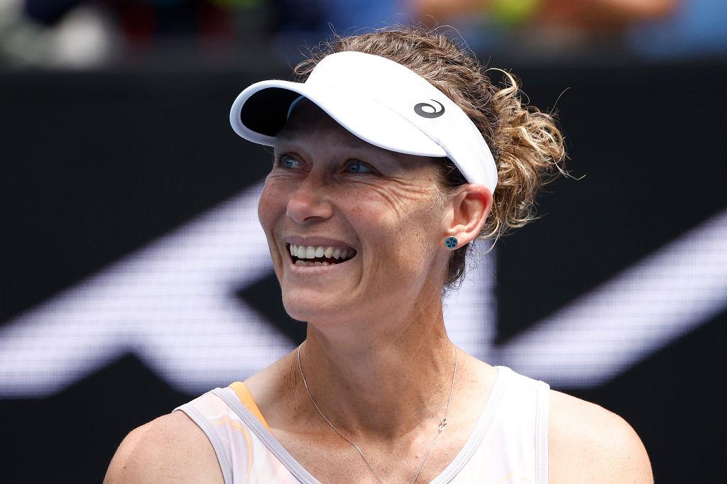 MELBOURNE, AUSTRALIA - JANUARY 19: Samantha Stosur of Australia acknowledges the crowd after their round one doubles match against Hao-Ching Chan of Chinese Taipei and Zhaoxuan Yang of China during day four of the 2023 Australian Open at Melbourne Park on January 19, 2023 in Melbourne, Australia. (Photo by Daniel Pockett/Getty Images)