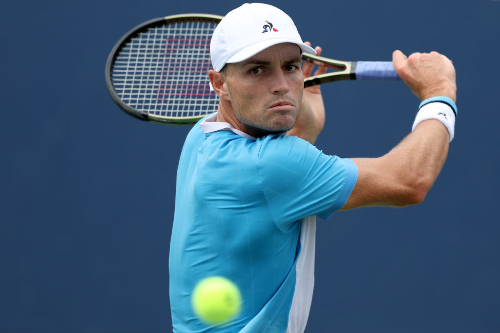 NEW YORK, NEW YORK - AUGUST 29: Christopher O'Connell of Australia returns a shot against Max Purcell of Australia during their Men's Singles First Round match on Day Two of the 2023 US Open at the USTA Billie Jean King National Tennis Center on August 29, 2023 in the Flushing neighborhood of the Queens borough of New York City. (Photo by Al Bello/Getty Images)