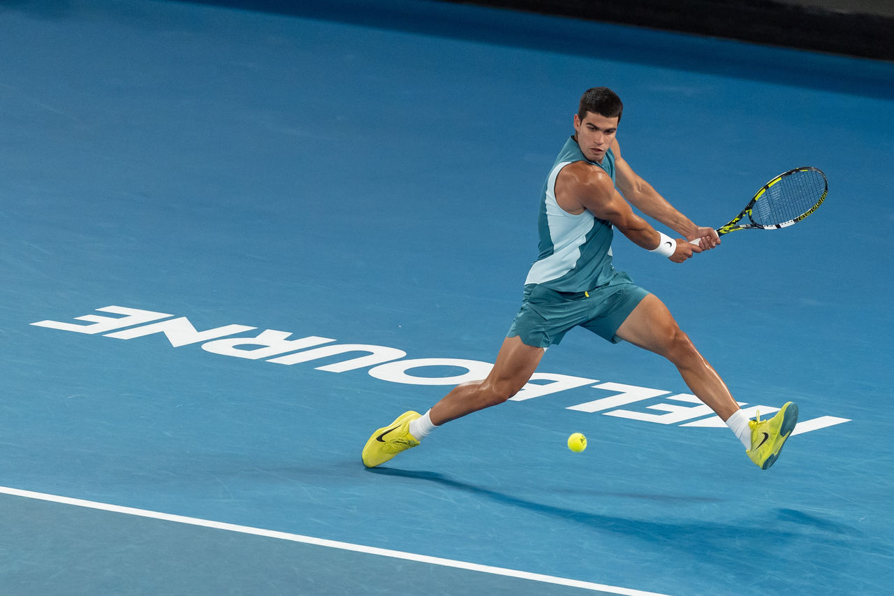 January 21: Carlos Alcaraz (ESP) during Quarterfinals on Rod Laver Arena  at the Australian Open at Melbourne Park on Tuesday, January 21, 2025. Photo by TENNIS AUSTRALIA/ JAY TOWN