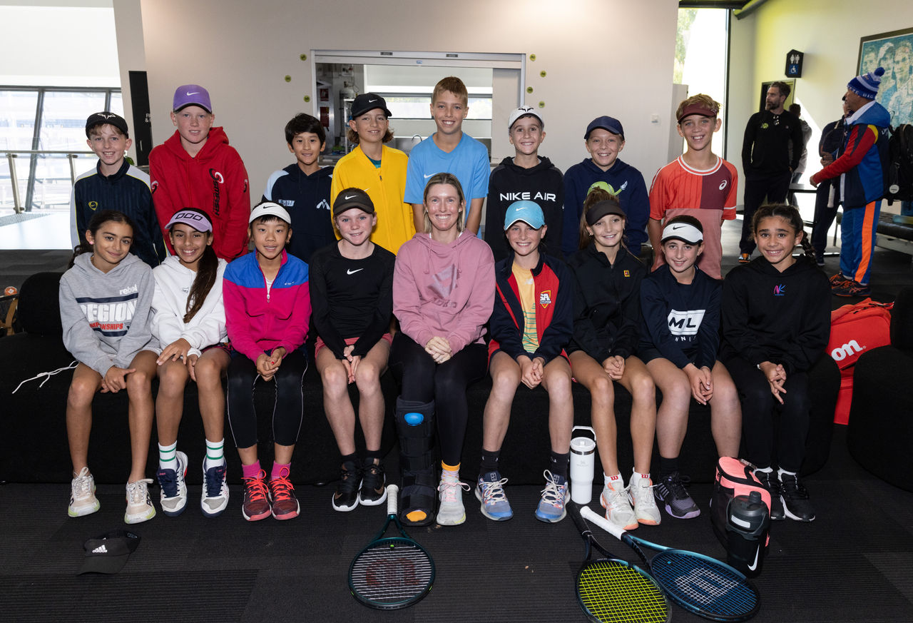 Storm Sanders  with the 16 participants . 11s National Camp at Melbourne Park on Thursday, May 16, 2024. Photo by TENNIS AUSTRALIA/ FIONA HAMILTON