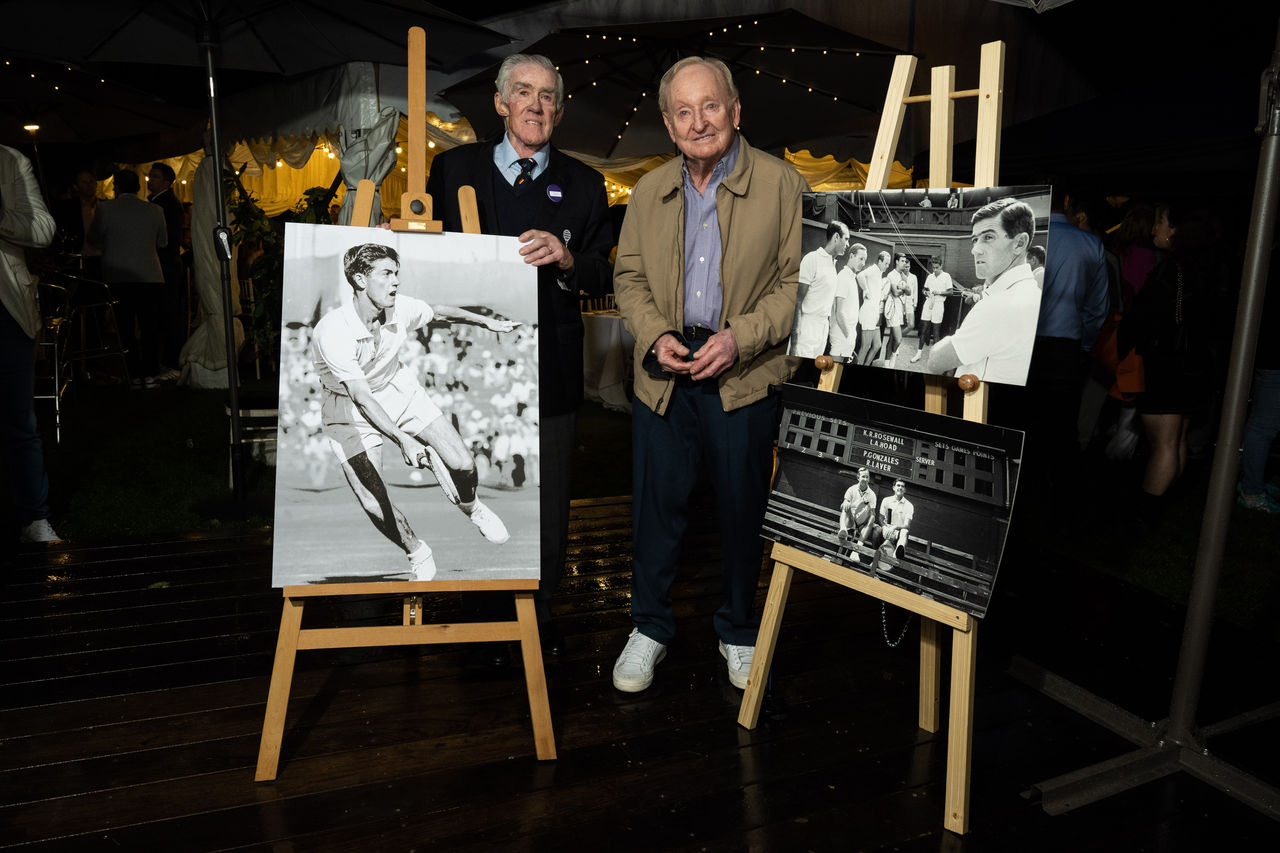 LONDON, ENGLAND - JULY 05: (L-R) Ken Rosewall and Rod Laver attend Tennis Australia's Legends Of Lawn Barbecue at Aussie House in Wimbledon, on July 05, 2024 in London, England.  (Photo by Jeff Spicer/Getty Images for Tennis Australia)