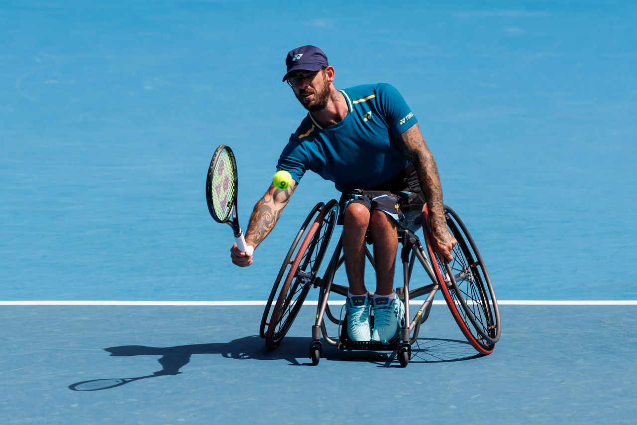 January 24: Heath Davidson (AUS) and Robert Shaw (CAN) plays Finn Broadbent (AUS) and Gregory Slade (GBR) at KIA Arena during the 2024 Australian Open on Wednesday, January 24, 2024. Photo by TENNIS AUSTRALIA/ MARK PETERSON