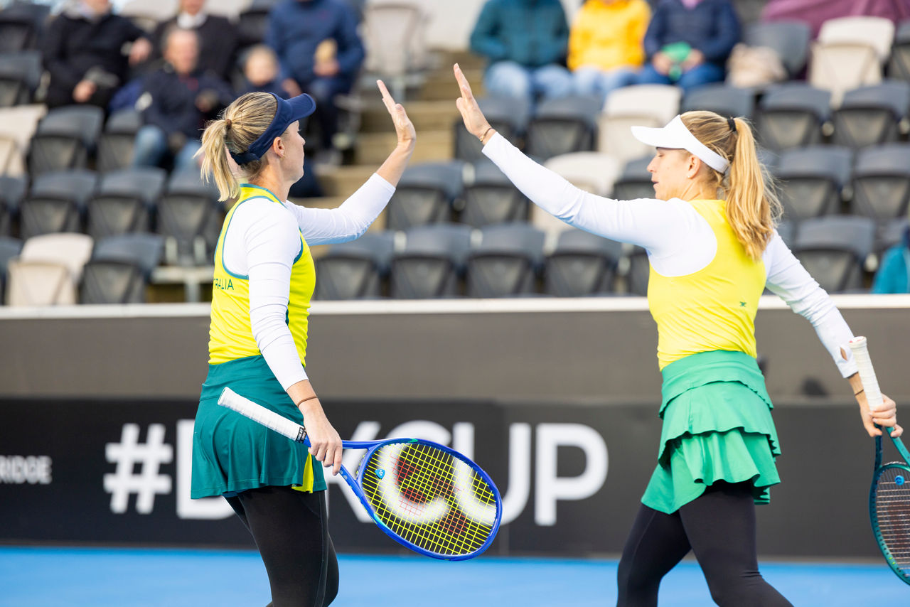 November 14: The Australian celebrate winning a point. Doubles match between Matilde Jorge (POR), Francisca Jorge (POR), Storm Hunter (AUS) and Ellen Perez (AUS), during the Billie Jean King Cup play-off at Domain Tennis Centre, Hobart, Tasmania on Friday, November 14, 2025. Photo by TENNIS AUSTRALIA/ RICHARD JUPE