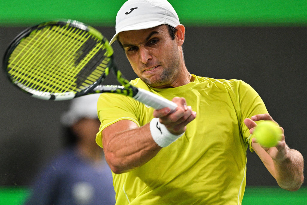 Australia's Aleksandar Vukic hits a return to Norwey's Casper Ruud during their men's singles match at the Shanghai Masters tennis tournament in Shanghai on October 4, 2024. (Photo by Hector RETAMAL / AFP) (Photo by HECTOR RETAMAL/AFP via Getty Images)