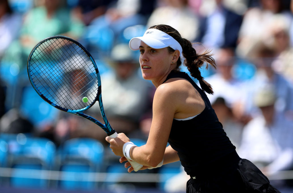 SURBITON, ENGLAND - JUNE 07: Kimberly Birrell of Australia  returns a shot during her singles match against Tatjana Maria of Germany on day five of the Lexus Surbiton Trophy at Surbiton Racket & Fitness Club on June 07, 2024 in Surbiton, England.  (Photo by Tom Dulat/Getty Images for LTA)