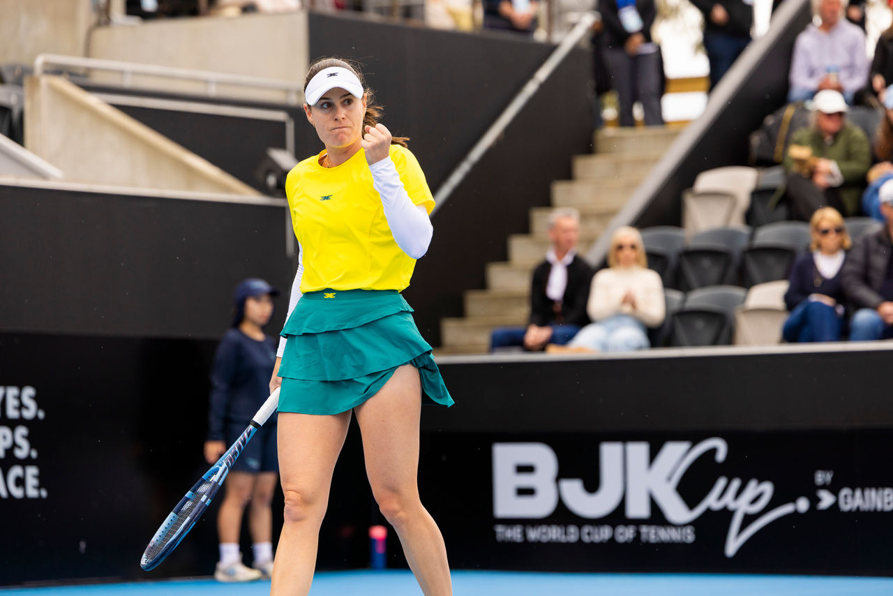 November 14: Kimberly Birrell (AUS) celebrates a point in the first match against Matilde Jorge (POR) during the Billie Jean King Cup play-off at Domain Tennis Centre, Hobart, Tasmania on Friday, November 14, 2025. Photo by TENNIS AUSTRALIA/ RICHARD JUPE