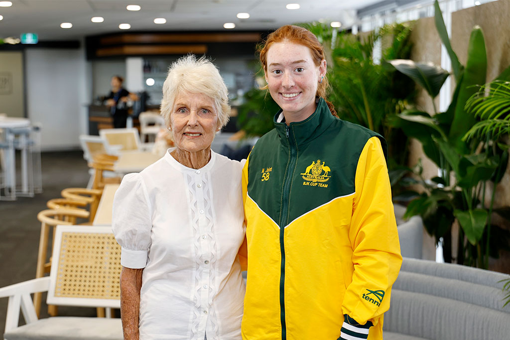 April 9: Lesley Bowrey AM and Maya Joint (AUS) during the 2025 Billie Jean King Cup Qualifiers at Pat Rafter Arena in Brisbane, Queensland on Wednesday, April 9, 2025. Photo by Josh Woning