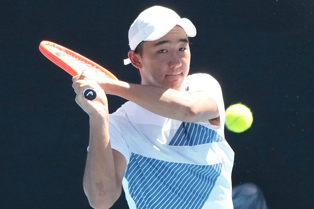 Jeremy Jin (AUS) in action during the 2023 Australian Open Qualifiers at Kia Arena in Melbourne on Monday, January 9, 2023. MANDATORY PHOTO CREDIT Tennis Australia/ Scott Barbour