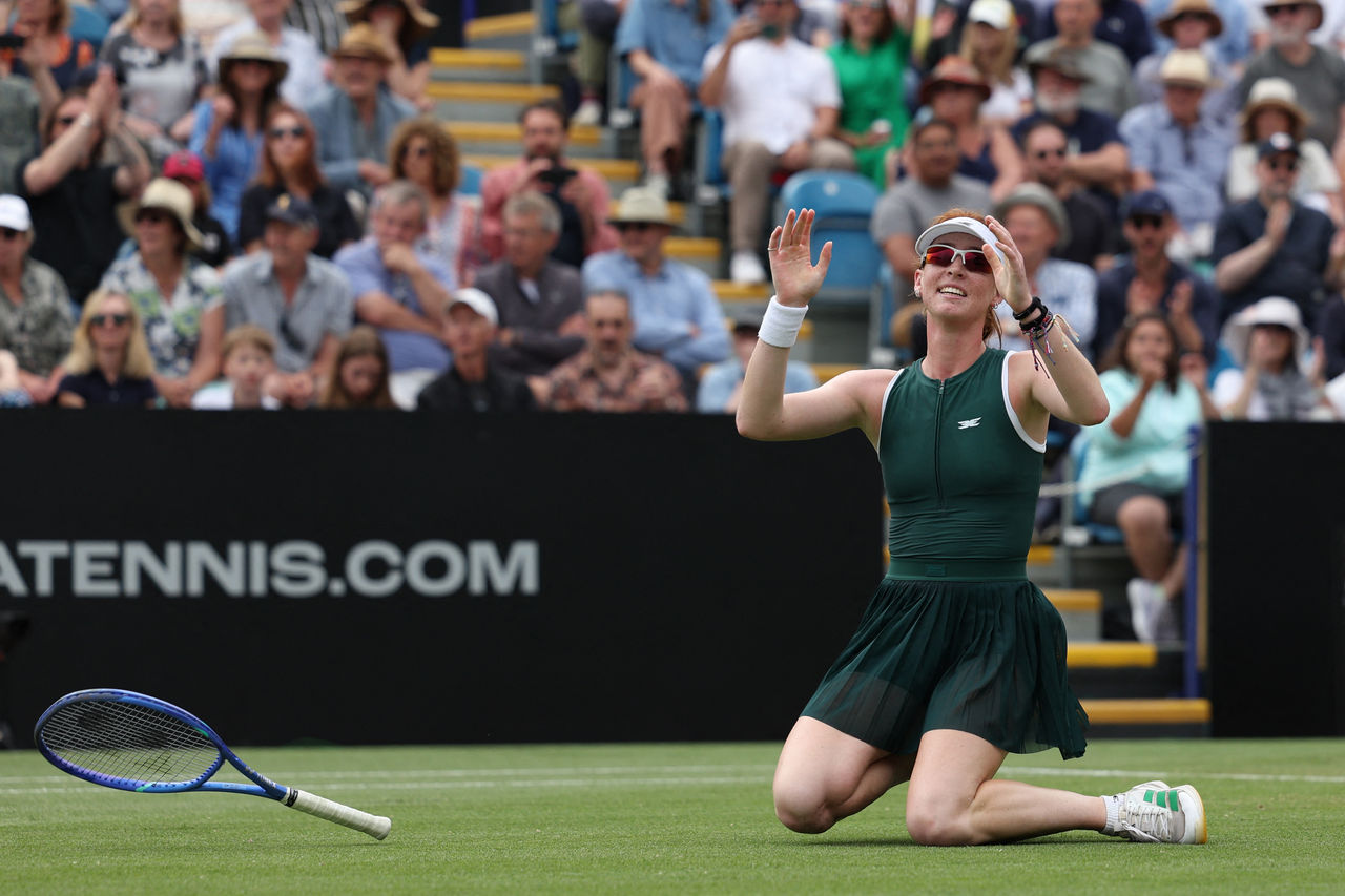 Australia's Maya Joint reacts at match point after beating Philippines' Alexandra Eala in their women's singles final tennis match on day six of the Lexus Eastbourne International tennis tournament in Eastbourne, southern England, on June 28, 2025. Joint won the match in three sets, 12-10 in a third set tie-break. (Photo by Adrian Dennis / AFP) (Photo by ADRIAN DENNIS/AFP via Getty Images)          