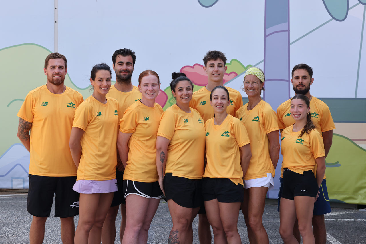 October 26: Quentin Durieu, Gabriel Della Casa, Sofia Scotti Monteiro, Larissa Camara, Ella Lanigan, Aaron Sitbon, Ricardo Gonzalez, Ivana Vlakic, Henrietta Wochnowski and Chantelle Khouri during the Australian Beach Tennis Team training camp at the Northshore Tennis Park in Hamilton, Brisbane on Sunday, October 26, 2025. Photo by TENNIS AUSTRALIA/DAVID KAPERNICK