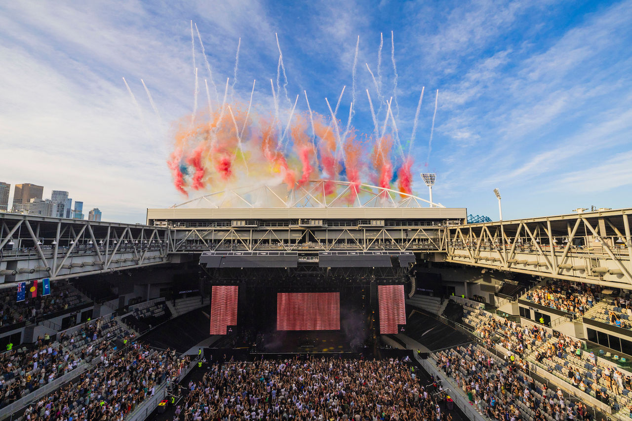 January 25: A general view of fireworks and crowds as Armand Van Helden performs during AO Live on Melbourne Park at the Australian Open at Melbourne Park on Saturday, January 25, 2025. Photo by TENNIS AUSTRALIA/ MORGAN HANCOCK