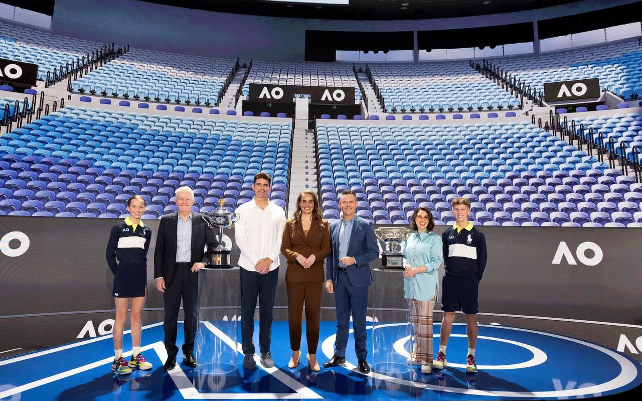 October 7: Alessia McGrath,Craig Tiley, Mark Philippoussis, Jelena Dokic,Todd Woodbridge,  Alice Zaslavsky and Taj Fearn-Wannan at the launch of the 2026 Australian Opens at NantStudios, Docklands on Tuesday, October 7, 2025. Photo by TENNIS AUSTRALIA/FIONA HAMILTON