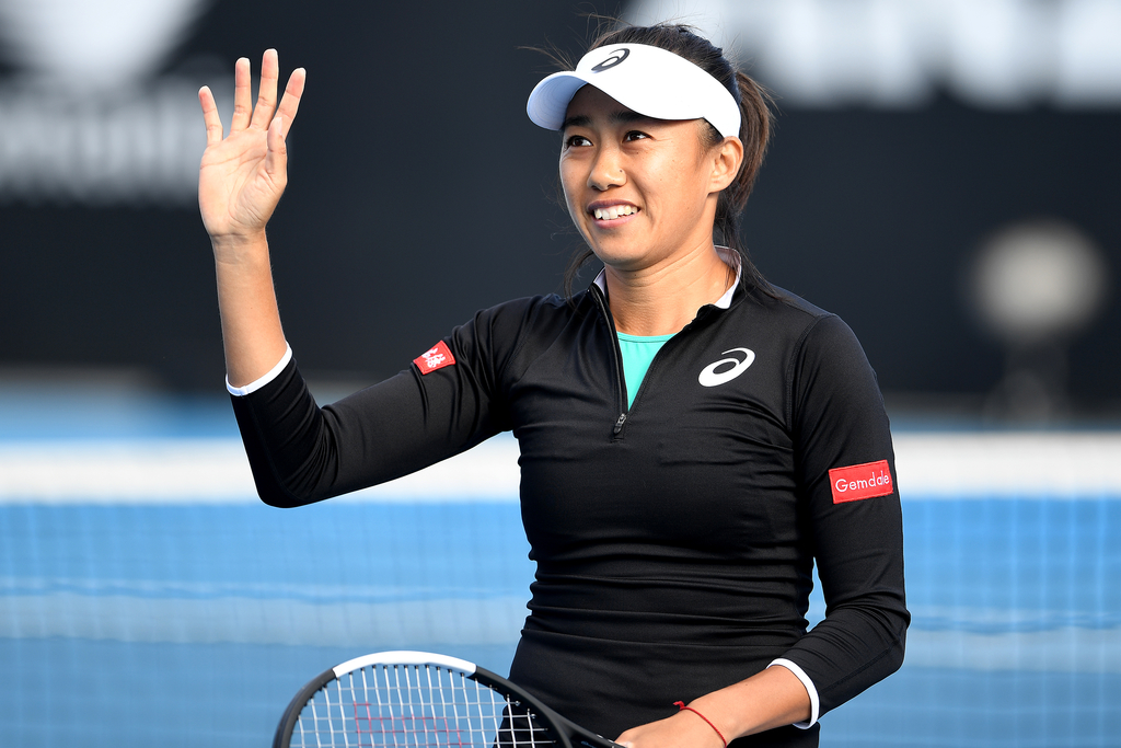 HOBART, AUSTRALIA - JANUARY 17: Zhang Shuai of China celebrates after winning her semi final singles match against Veronika Kudermetova of Russia during day seven of the 2020 Hobart International at Domain Tennis Centre on January 17, 2020 in Hobart, Australia. (Photo by Steve Bell/Getty Images)