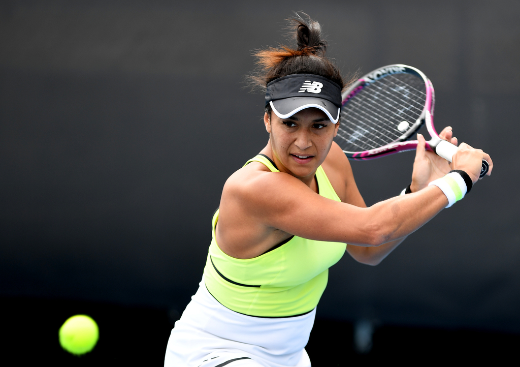 HOBART, AUSTRALIA - JANUARY 11: Heather Watson of Great Britain plays a shot  during day one of the 2020 Hobart International at Domain Tennis Centre on January 11, 2020 in Hobart, Australia. (Photo by Steve Bell/Getty Images)
