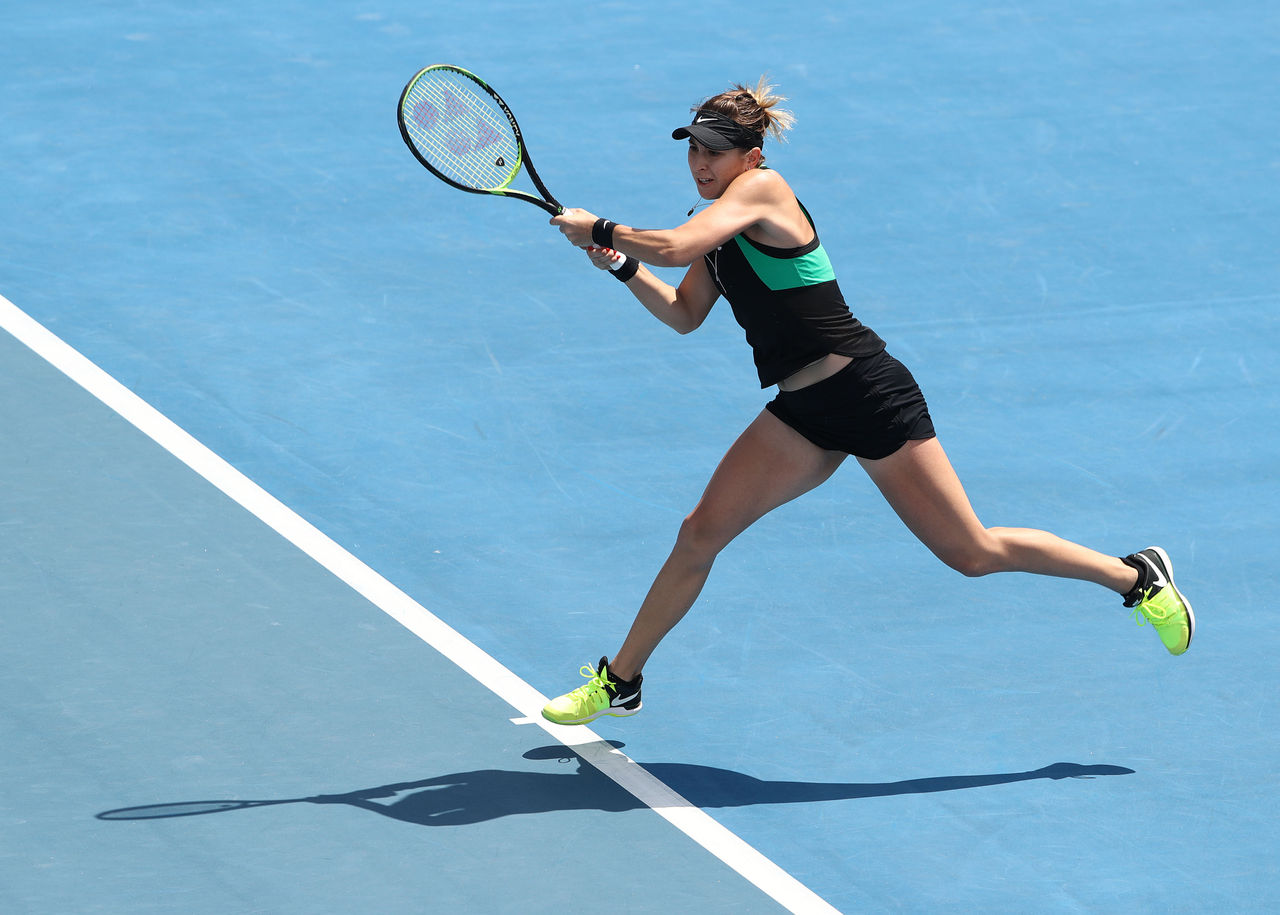 HOBART, AUSTRALIA - JANUARY 08: Belinda Bencic of Switzerland plays a shot during her singles match against Mihaela Buzarnescu of Romania during day four of the 2019 Hobart International at Domain Tennis Centre on January 08, 2019 in Hobart, Australia. (Photo by Robert Cianflone/Getty Images)