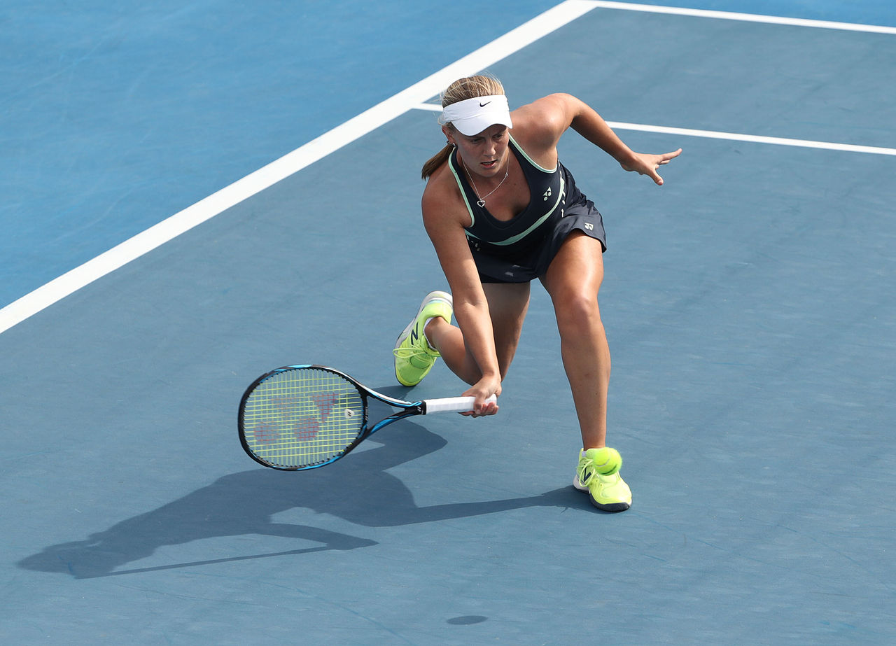HOBART, AUSTRALIA - JANUARY 08: Zoe Hives of Australia plays a shot during her singles match against Johanna Larsson of Sweden during day four of the 2019 Hobart International at Domain Tennis Centre on January 08, 2019 in Hobart, Australia. (Photo by Robert Cianflone/Getty Images)