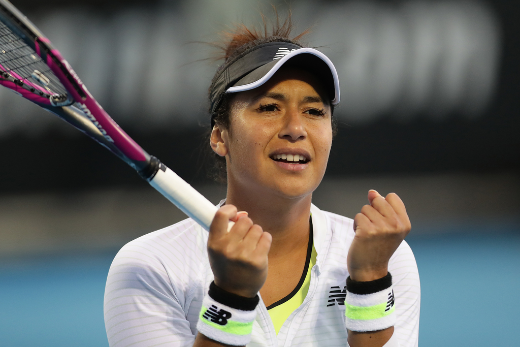 HOBART, AUSTRALIA - JANUARY 16: Heather Watson of Great Britain celebrates winning match point during her quarter final singles match against Elise Mertens of Belgium during day six of the 2020 Hobart International at the Domain Tennis Centre on January 16, 2020 in Hobart, Australia. (Photo by Mark Metcalfe/Getty Images)
