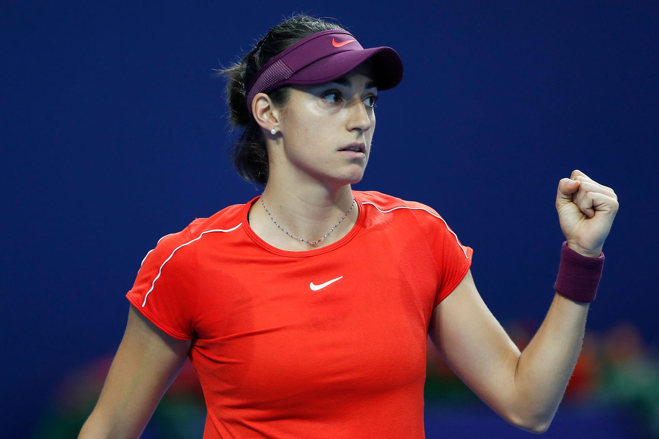 ZHUHAI, CHINA - NOVEMBER 02:   Caroline Garcia of France reacts against Aryna Sabalenka of Belarus during their group stage women's singles match on Day 4 of 2018 WTA Elite Trophy Zhuhai at Hengqin Tennis Center on November 2, 2018 in Zhuhai, China.  (Photo by Fred Lee/Getty Images)